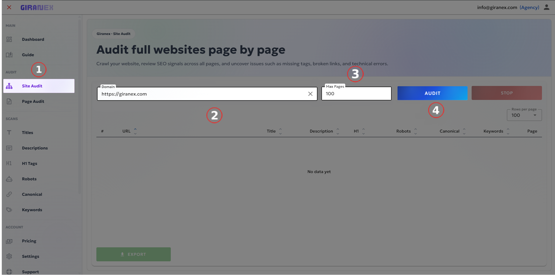 Go to Site Audit & Enter Settings and start a Site Audit